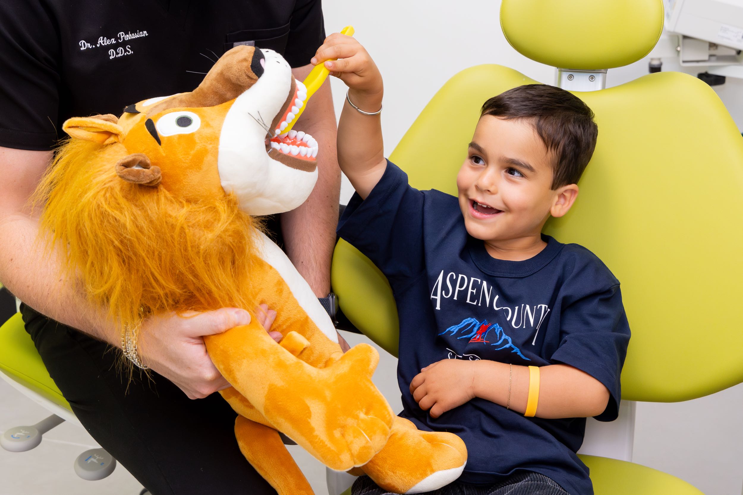Child brushing stuffed lion's teeth at dentist.
