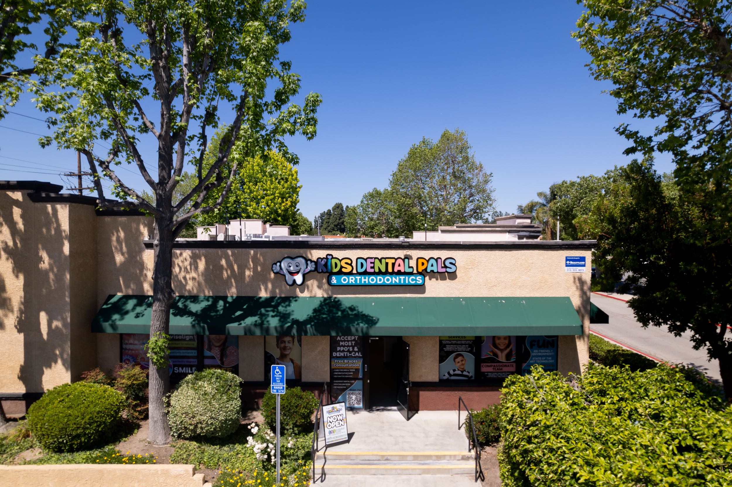 Kids dental clinic exterior with tree in front